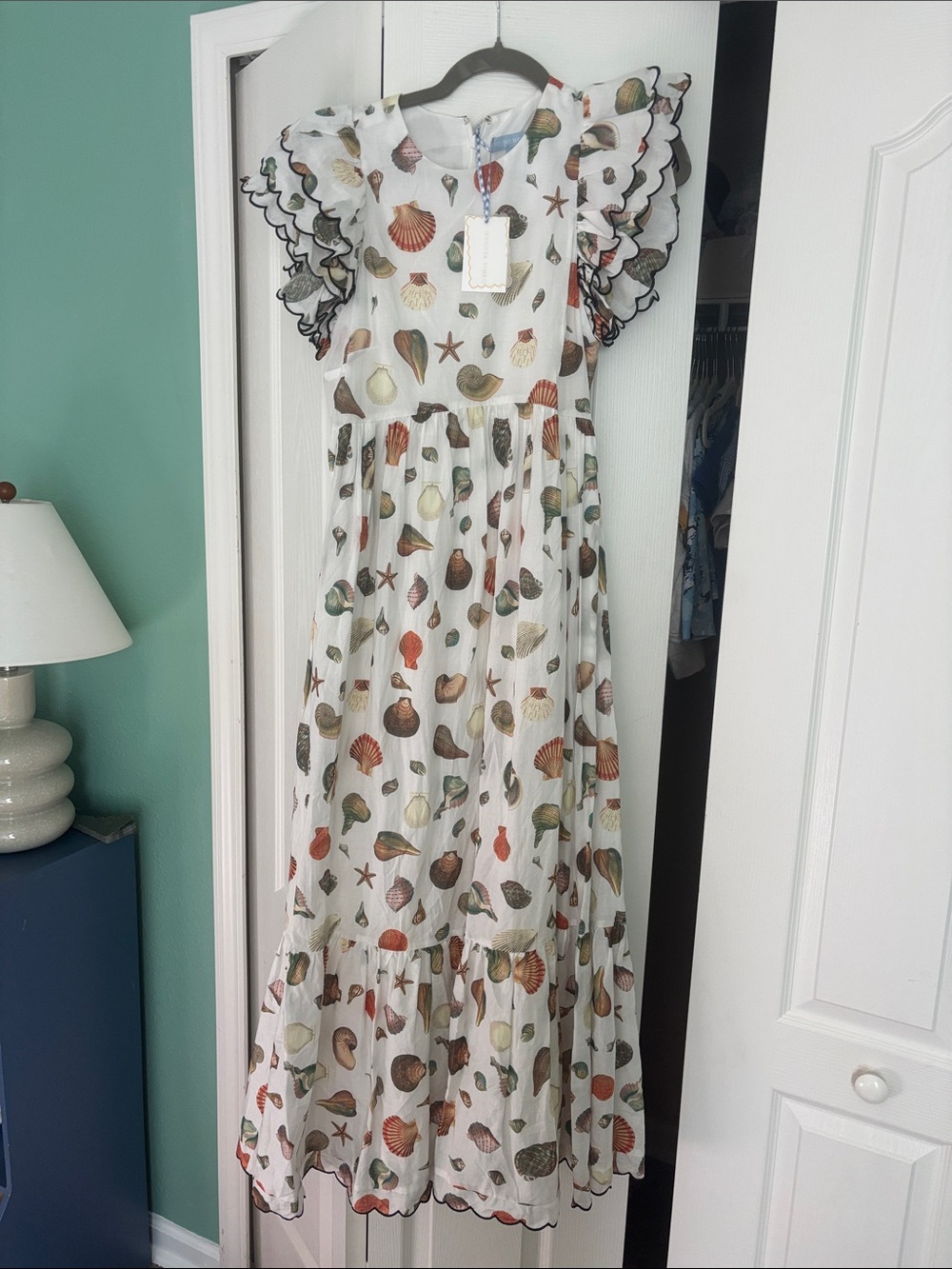ANTONIO MELANI White Seashell Print Ruffle Maxi Dress